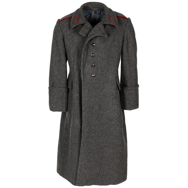 Charcoal grey wool coat, large cuffed sleep and long body. features red detailing on the lapel and shoulders. Four shiny grey buttons line the front